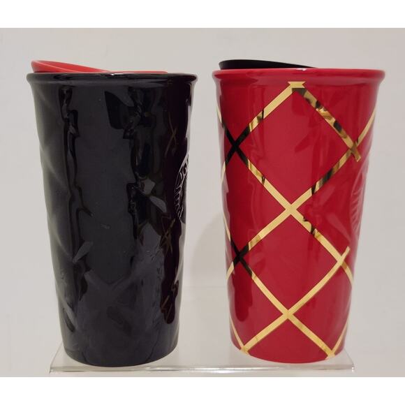 Starbucks Quilted Red Gold & Black Red Ceramic Tumblers Set Of 2 - Picture 2 of 12